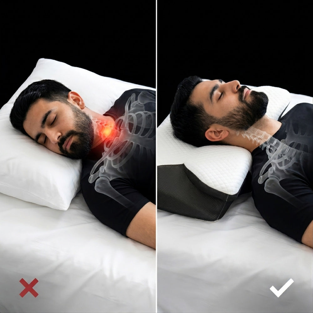 Flat pillow with a red pain hotspot beside the contour pillow with a neutral spine