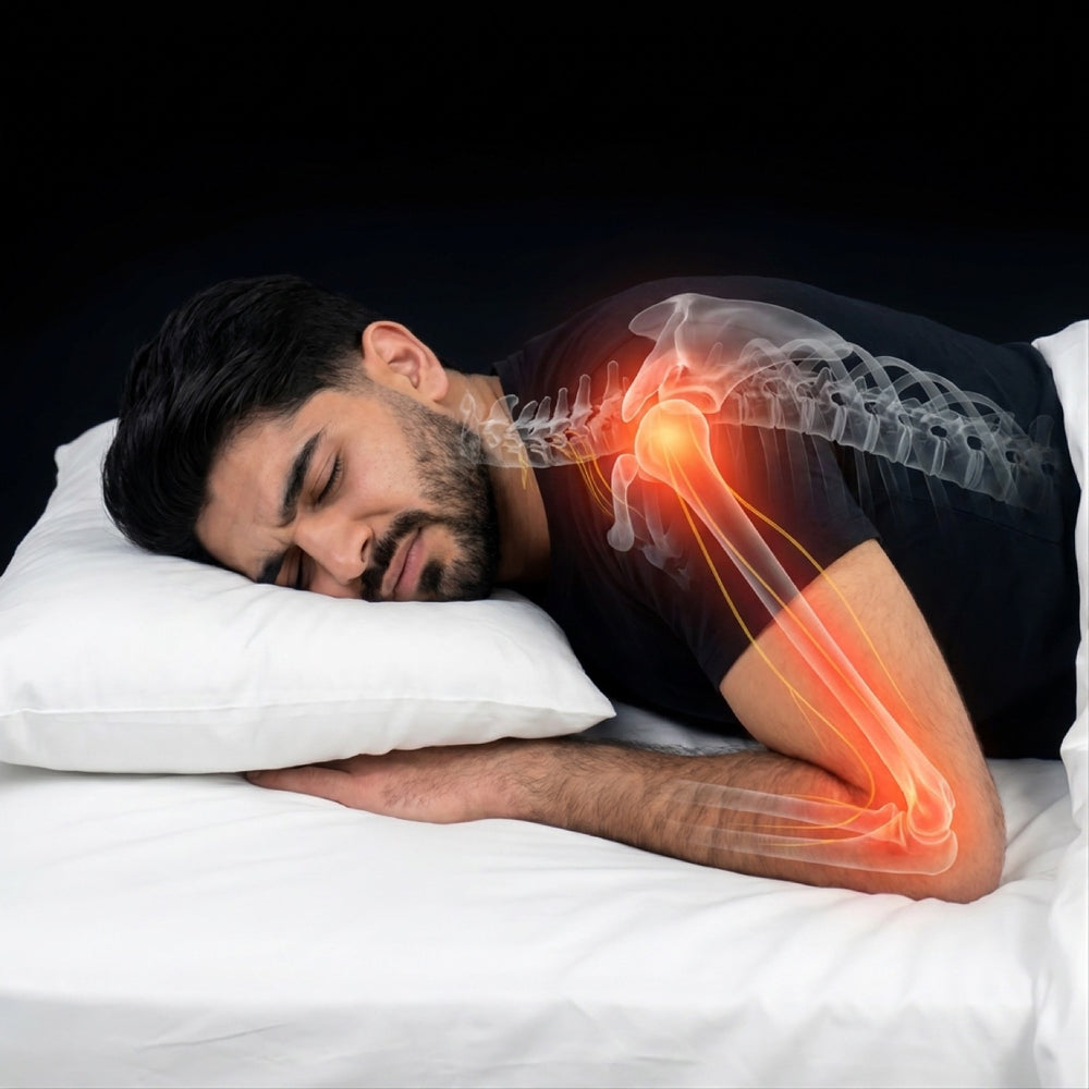 A shoulder compressed under body weight against a flat pillow
