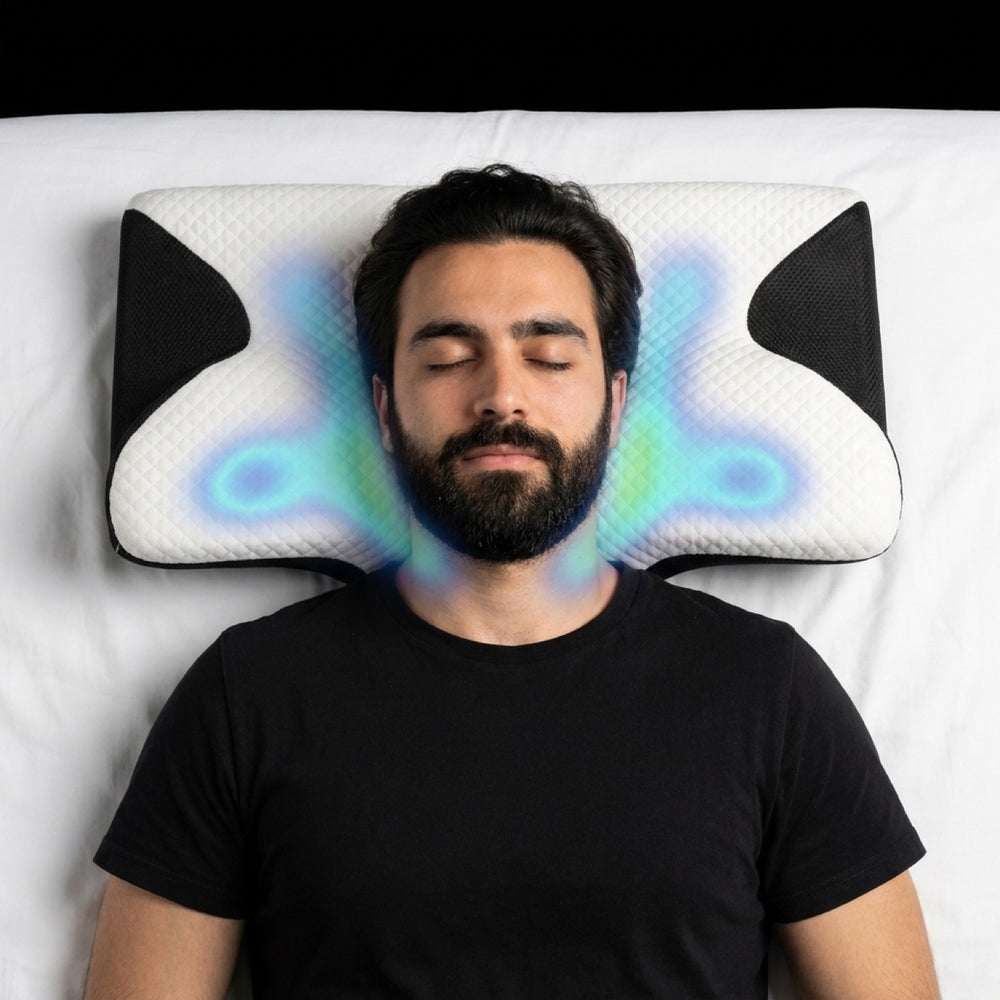 Overhead view with pressure spread evenly across the pillow surface