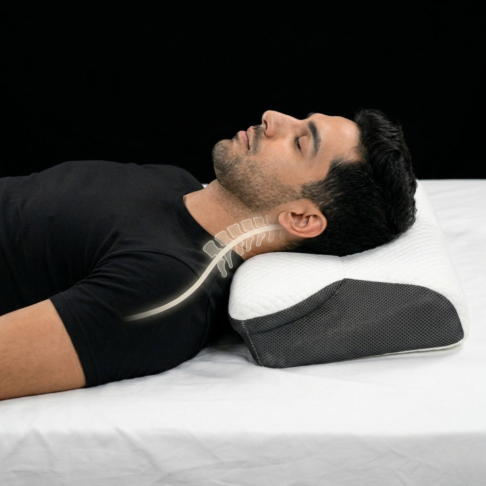 The cervical spine held in its natural curve on the contour pillow