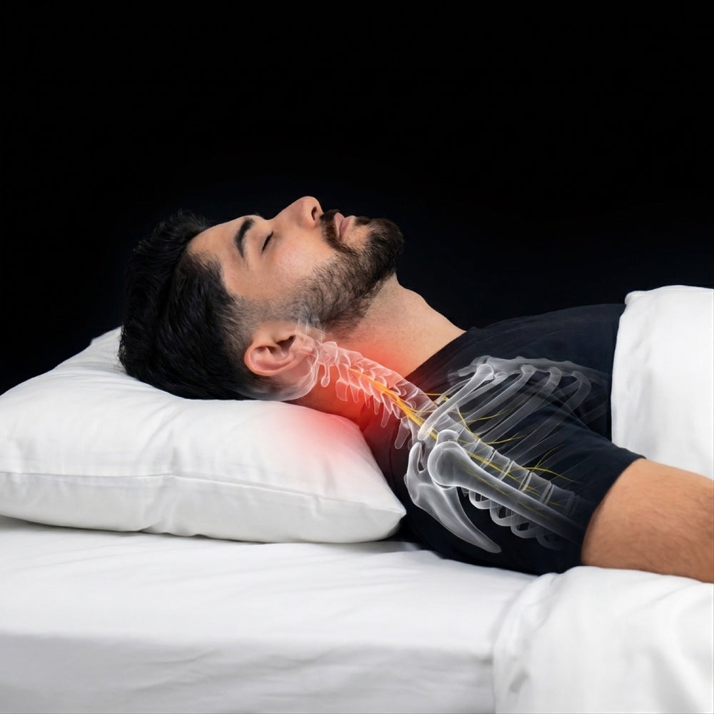 A collapsed flat pillow leaving the neck unsupported, with the strain shown in x-ray