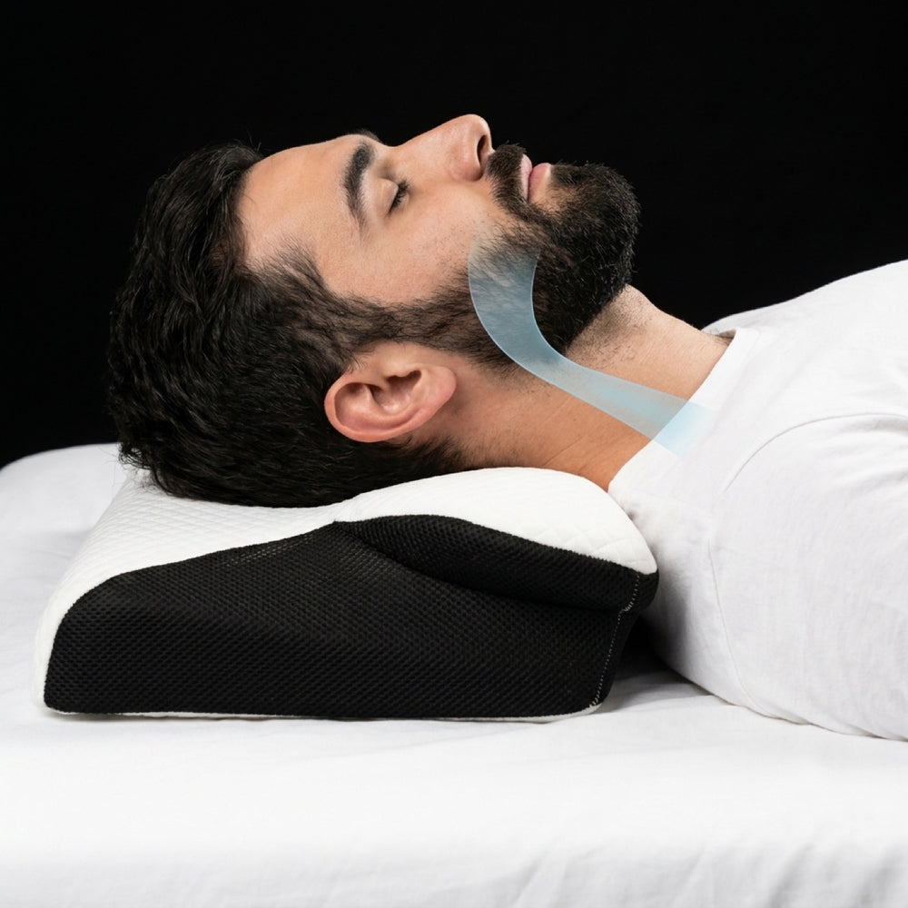 A back sleeper with the chin held level and the airway open
