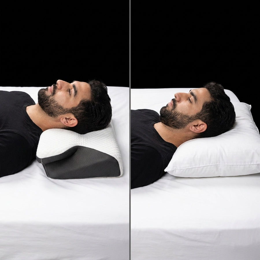 The contour pillow beside an ordinary flat hotel pillow